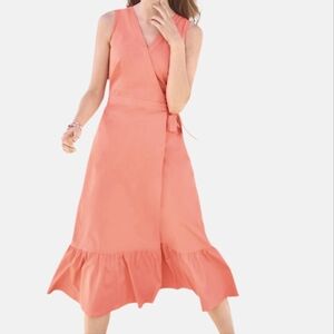 Talbots Women Coral Sleeveless VNeck Poplin Ruffled Wrap Tie Midi Dress Size 14P